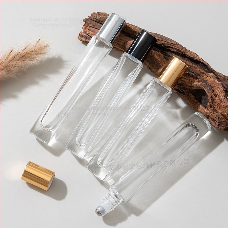 10 ml-es négyzetes, átlátszó üveg roller palack, vastag aljú – parfüm, kozmetika és illóolajok.
