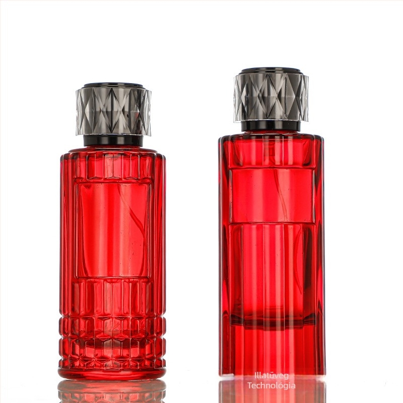 100 ml magas üveg illatanyag-flakon függőleges csíkokkal, utántölthető permetező üveg, üres kozmetikai flakon bajonett záras fedéllel
