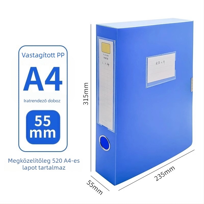 A4-es megerősített irattartó doboz, 55 mm-es gerinc, műanyag dokumentumtároló doboz