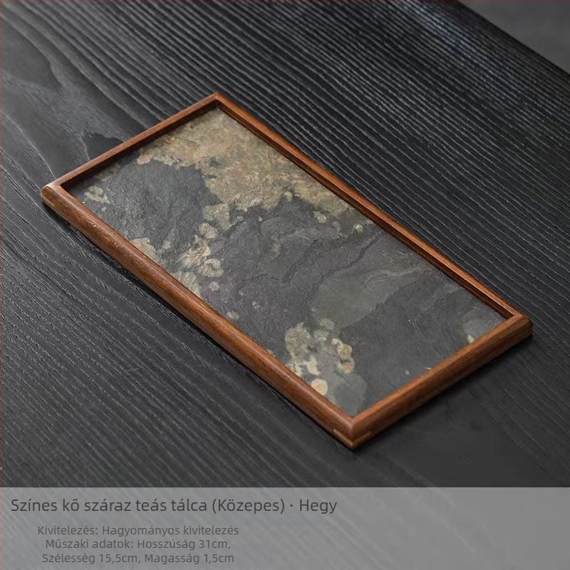 Természetes színű kő teás tálca kő panellel, megjelenítésre és tárolásra Wabi-Sabi stílusban