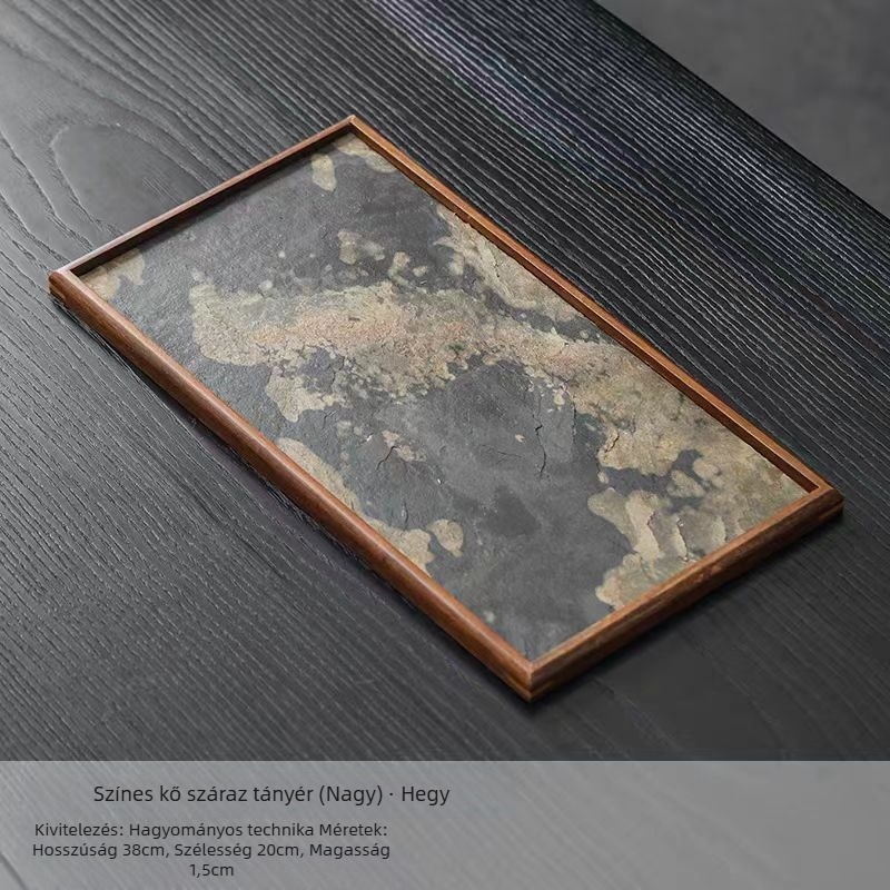 Természetes színű kő teás tálca kő panellel, megjelenítésre és tárolásra Wabi-Sabi stílusban