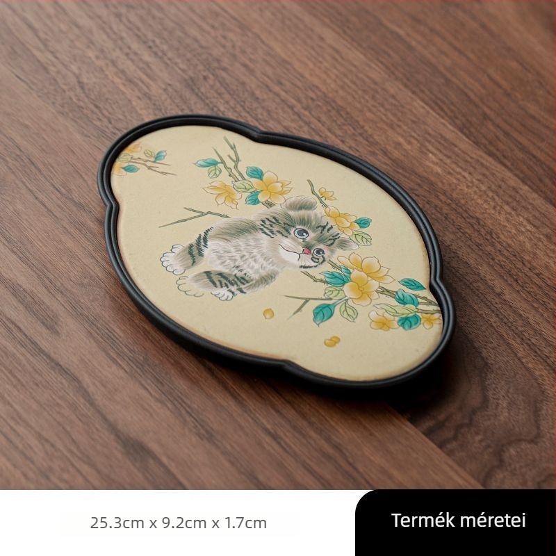 Gongfu teás tálca macskás motívummal, kerámia, kínai stílus a nappaliba