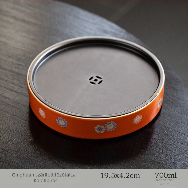 Türkiz-zöld kerámia teás tálca, dupla vízgyűjtő rendszerrel, kör alakú teázóasztal és nagy teáskanna tartó