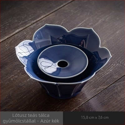 Retro lótusz teáskanna-tartó kerámiával, tálcával a száraz tea készítéséhez, kék gyümölcs motívummal; otthoni desszertes tálak és elegáns teás tálaló tál