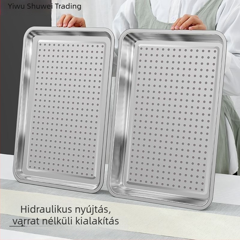 Rozsdamentes acélból készült téglalap alakú lefolyótál, kettős rétegű, teás és gőzölő tál lyukakkal