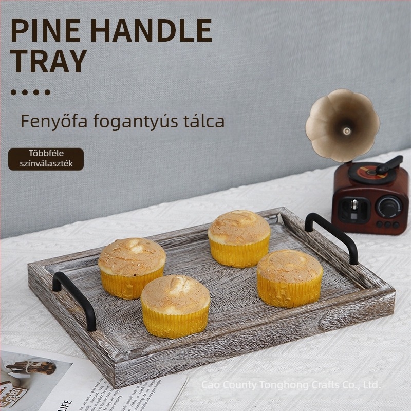 Fából készült téglalap alakú tál fogantyúval, japán retro stílusú kenyér- és teás tálca