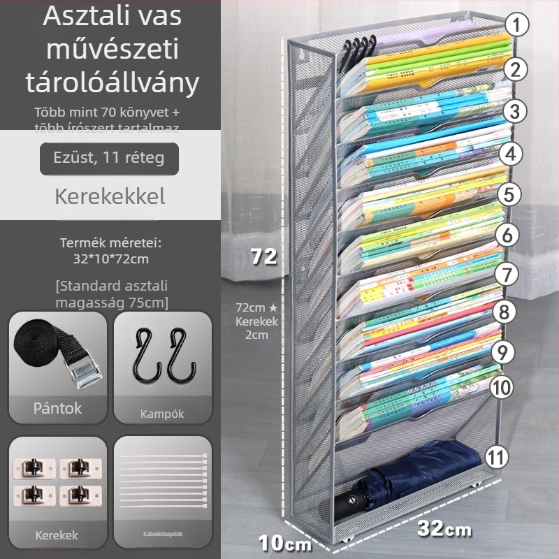 10-rétegű ezüst színű falra szerelhető iratrendező A4-es dokumentumokhoz, újságok és magazinok számára – irodai tároló