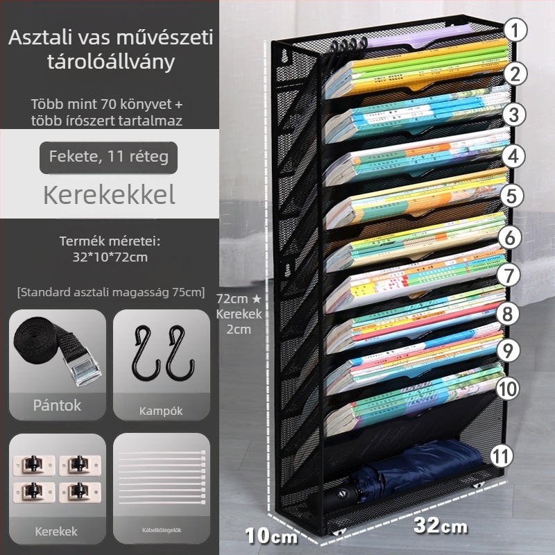 10-rétegű ezüst színű falra szerelhető iratrendező A4-es dokumentumokhoz, újságok és magazinok számára – irodai tároló