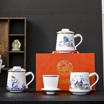 Fehér jáde porcelán teás pohár tetővel és szűrővel, irodai használatra, kínai stílusú ajándékdoboz, immateriális kulturális örökség