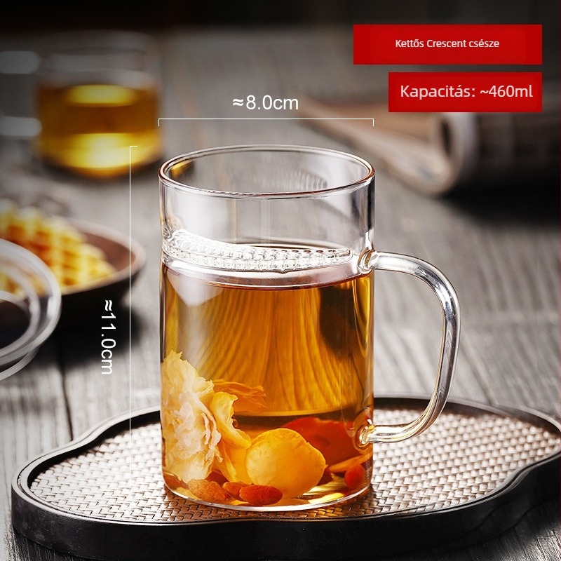 Félhold alakú üvegpohár, nagy kapacitású, tea- és víz szeparáló szűrővel, pohár fogantyúval, hőálló zöld tea pohár