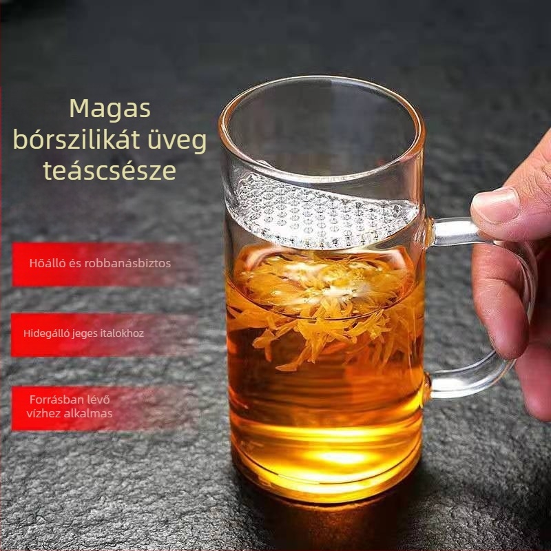 Üvegből készült teáscsésze fedővel és szűrővel, vastított kivitelben virágtea infúziójához, félhold alakú, irodai és otthoni használatra