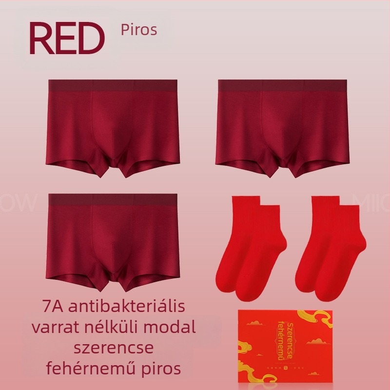 Férfi piros modal alsónemű, lélegző, antibakteriális, középmagasságú boxer, 7A