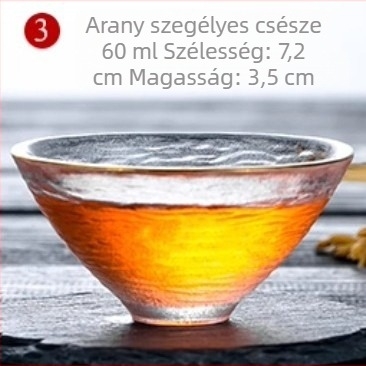 Kézzel készített üveg Gongfu teáskészlet kis poharakkal a kóstoláshoz – átlátszó, hőálló, arany kerettel és kalap mintázattal