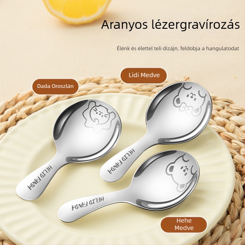 Karikatúra mintázatú rozsdamentes acél mini kanál rövid nyéllel, kerek fejű, teához, kávéhoz, desszertekhez és fagylalthoz