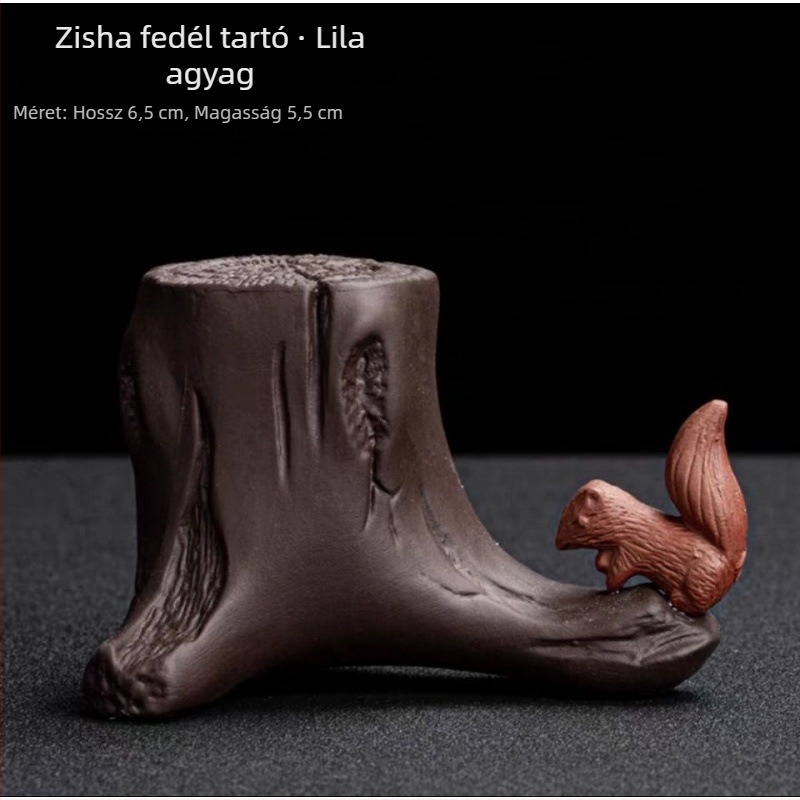 Lila agyagból készült fedő tartó teáskannához, mókus motívummal és Kung-Fu tea ceremóniára szánt kiegészítőkkel