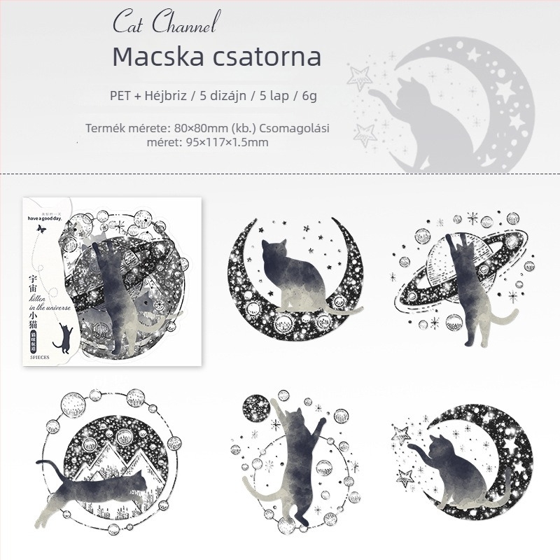 Kozmikus Cica sorozat kagyló-fényű matricák – 5 lap tervező matricák, 6 dizájn