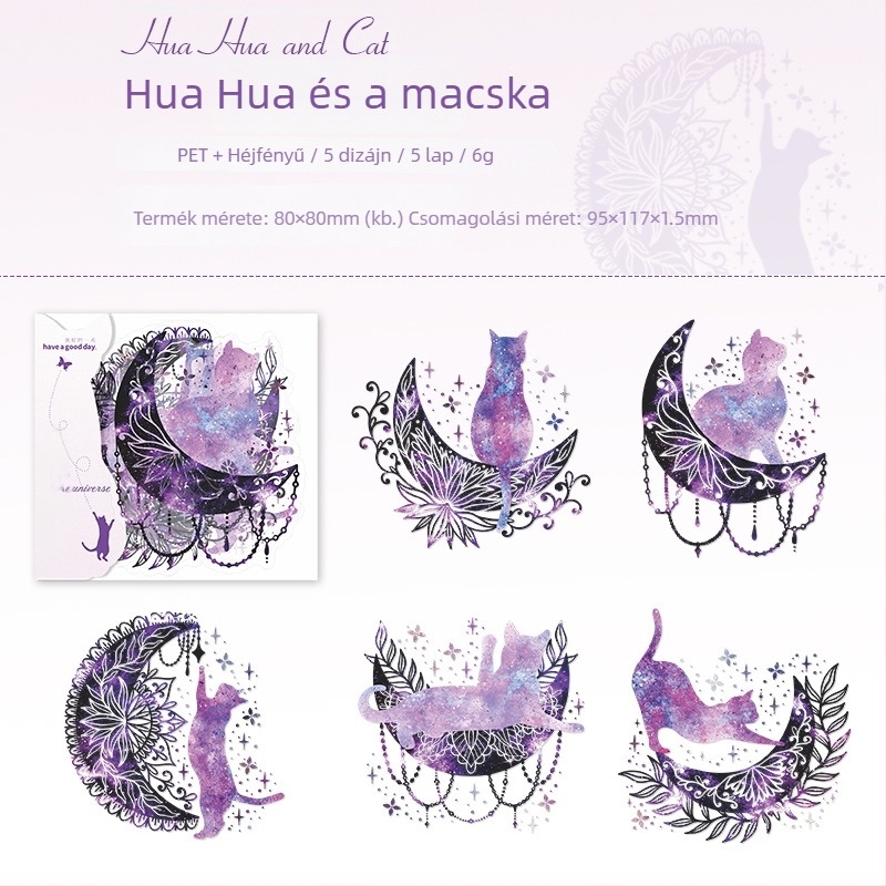 Kozmikus Cica sorozat kagyló-fényű matricák – 5 lap tervező matricák, 6 dizájn