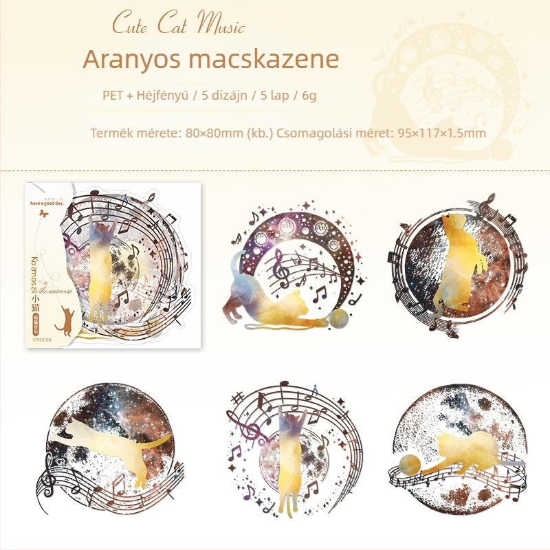 Kozmikus Cica sorozat kagyló-fényű matricák – 5 lap tervező matricák, 6 dizájn