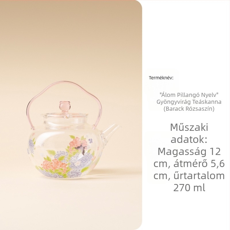 Fogantyús teáskanna, boroszilikát üveg, hőálló, otthoni használatra, készlet: 1 teáskanna és 2 csésze, virágmintás