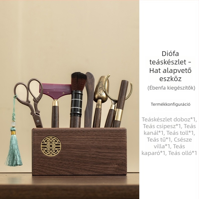 Diófából készült teaceremónia hat úr szett – Kung-Fu teáskészlet kiegészítők és eszközök: olló, teásclip, ecset, teáskanál, teáskés, kaparó