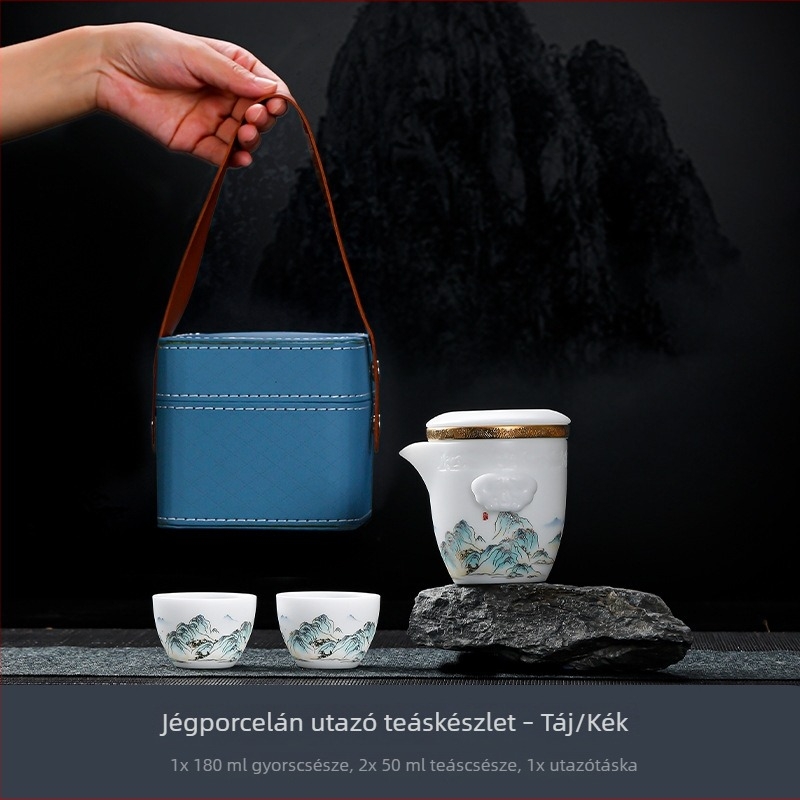 Kiváló minőségű utazó teáskészlet porcelánból, 1 teáskanna és 2 csésze, kínai stílusú, üzleti ajándék