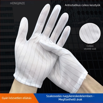 Kettős oldalú csíkos antistatikus munkakesztyű precíziós elektronikai és autóipari szereléshez; anyaga: poliészter és antistatív selyem.