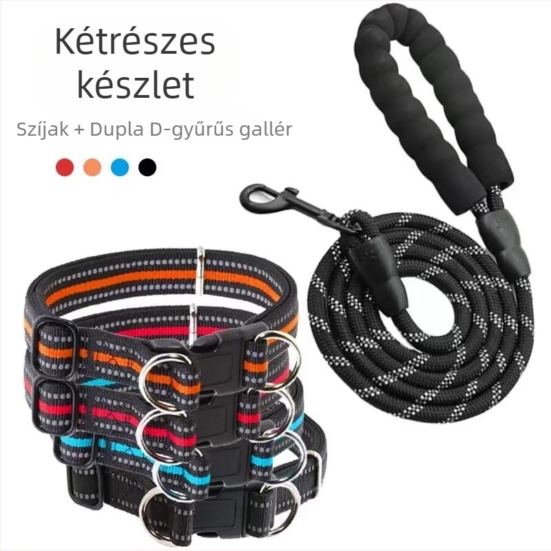 Reflektív kutyapóráz, dupla D-gyűrűs nyakörv, sétáló póráz a nagy, közepes és kisméretű kutyáknak