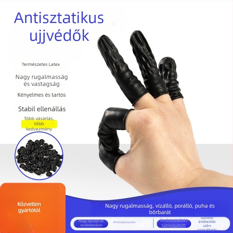Fekete egyszer használatos latex ujjvédők, pormentesek, elektronikai felhasználásra, izzadás elleni, csúszásmentes, kopásálló, antistatikus