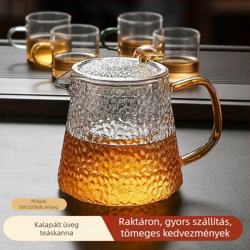 2026 Kalapált üvegből készült teáskanna, hőálló, filtrrel – otthoni használatra