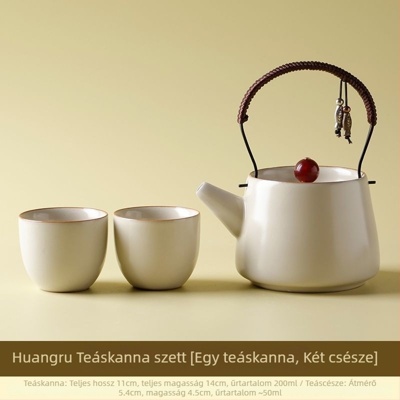 Beige Ru-kiln Kung Fu teás készlet egy teáskannával és két teáscsészével, kerámia repedezett mázzal, háztartási használatra