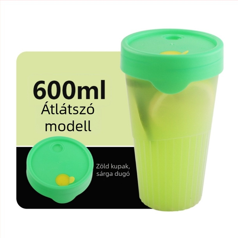 Lele Cup műanyag palack citromos teához, egyszer használatos PP, hőálló, tejes teához illő palack kupakkal, függőleges csíkos dizájn