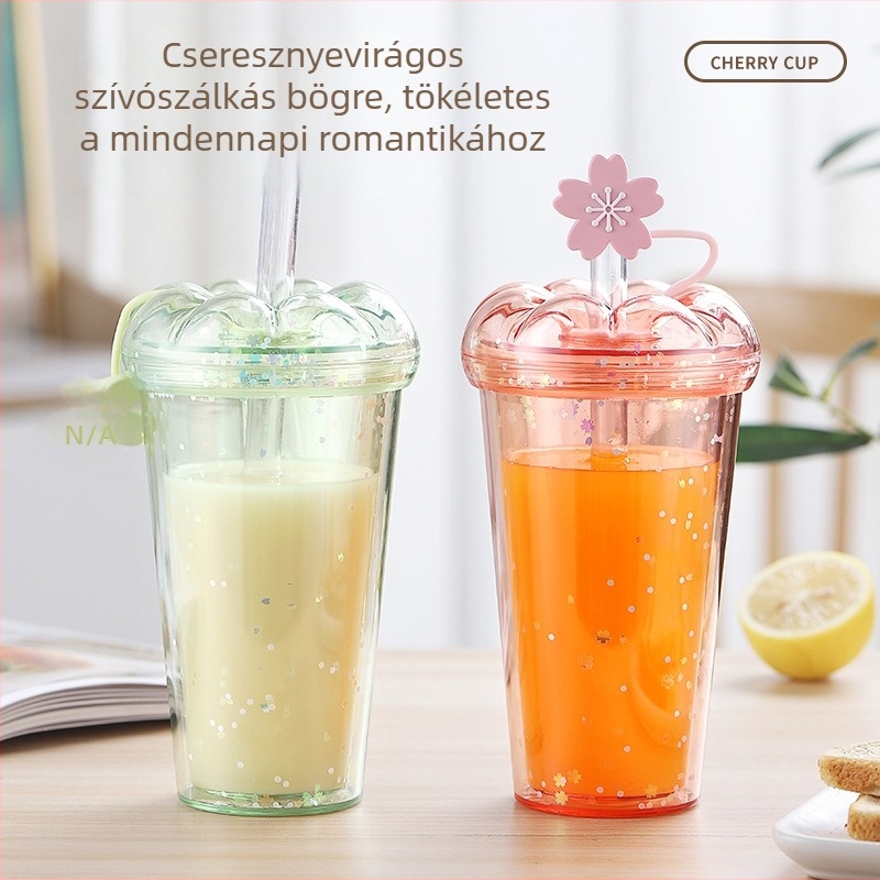 Koreai stílusú pohár szívószállal és petál alakú fedéllel, hordozható műanyag pohár teához