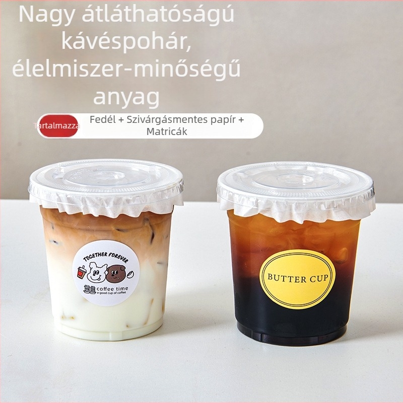 Áttetsző egyszer használatos műanyag pohár tej-teához, fedővel, hideg italokhoz