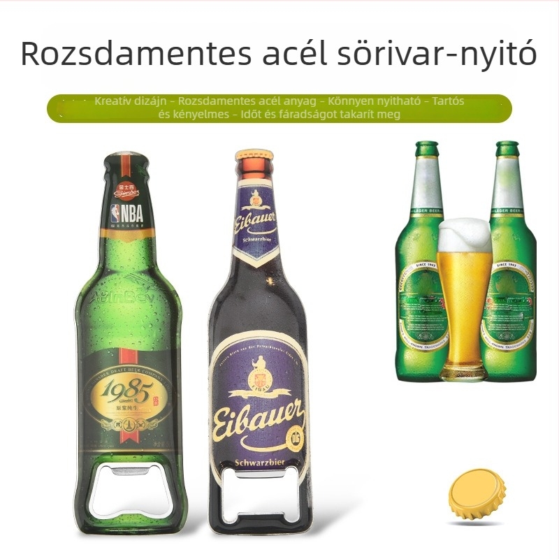 Rozsdamentes acélból készült sörösüvegnyitó, mágneses, rezin hűtőmágnessel
