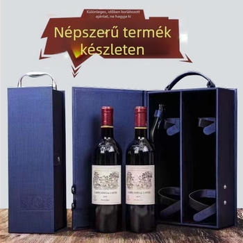 PU bőr és MDF alapú dupla boros ajándékdoboz, tartalmaz boros kiegészítőket