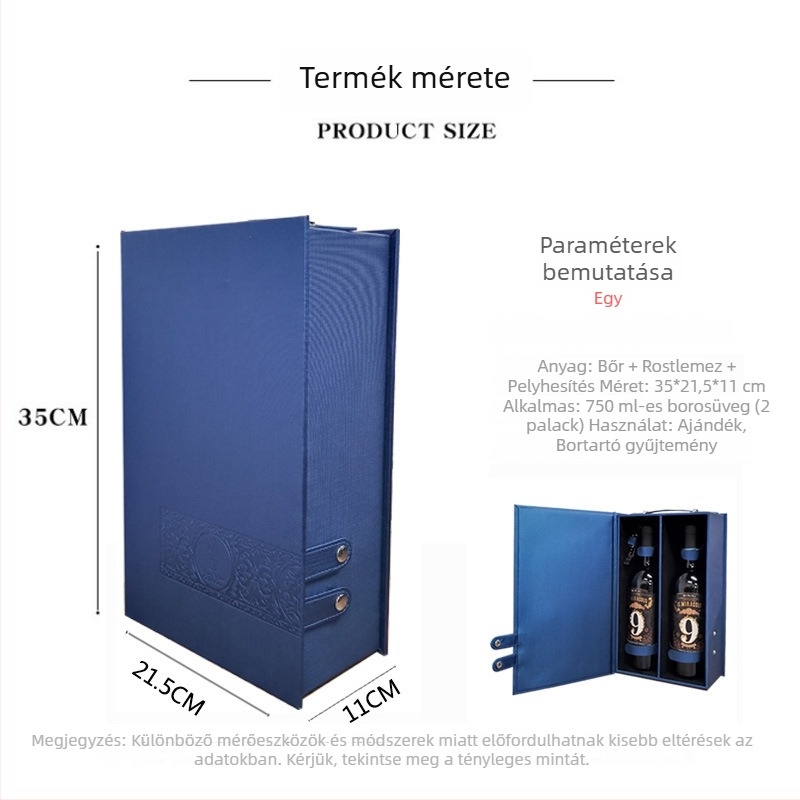 PU bőr és MDF alapú dupla boros ajándékdoboz, tartalmaz boros kiegészítőket