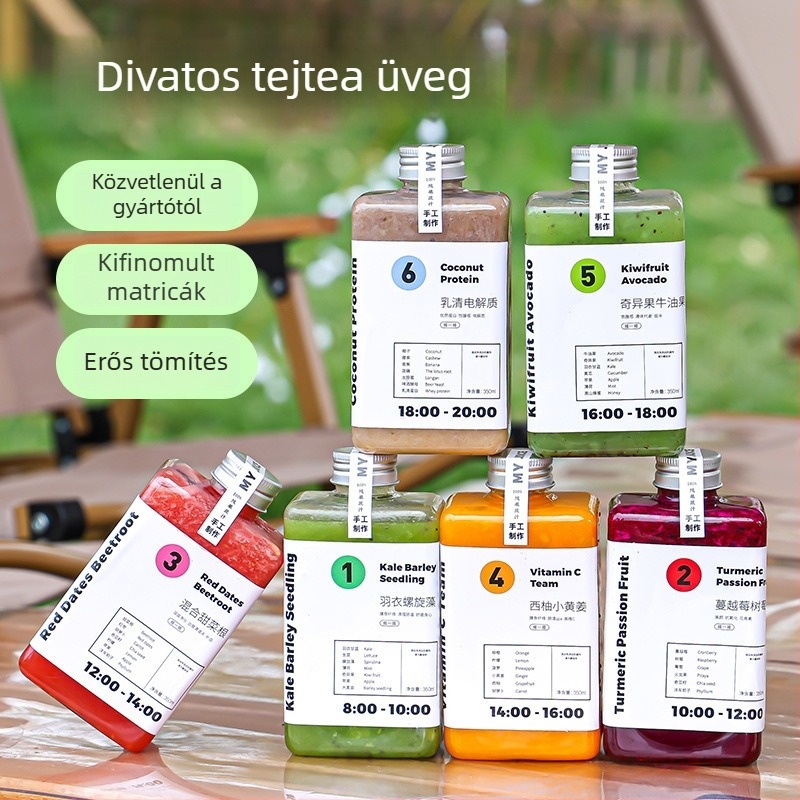 350 ml PET italos üveg alumínium kupakkal, sík, négyszögletes kialakítás friss facsart gyümölcslevekhez és teához