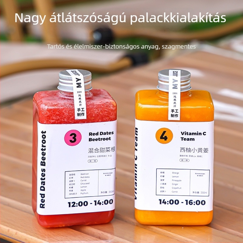 350 ml PET italos üveg alumínium kupakkal, sík, négyszögletes kialakítás friss facsart gyümölcslevekhez és teához