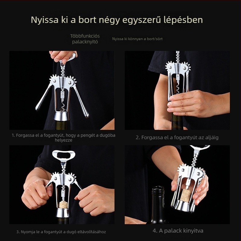 Cinkötvözetből készült bor- és sörnyitó, többfunkciós, szabálytalan kialakítás