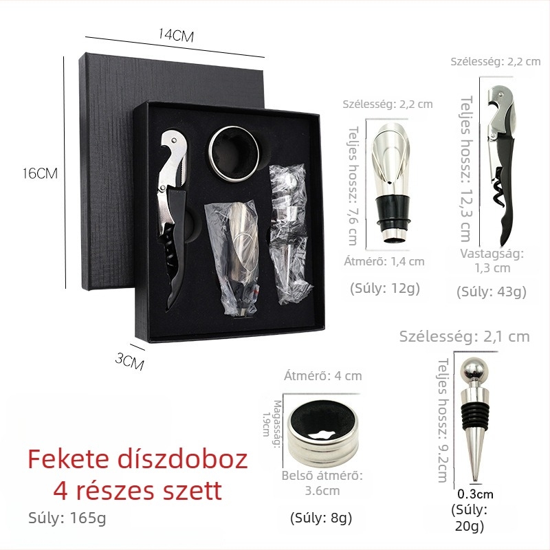 Prémium bor eszközök 4 részes készlet ajándékdobozban — bornyitó, pourer, dugó, csepegtető gyűrű, rozsdamentes acél