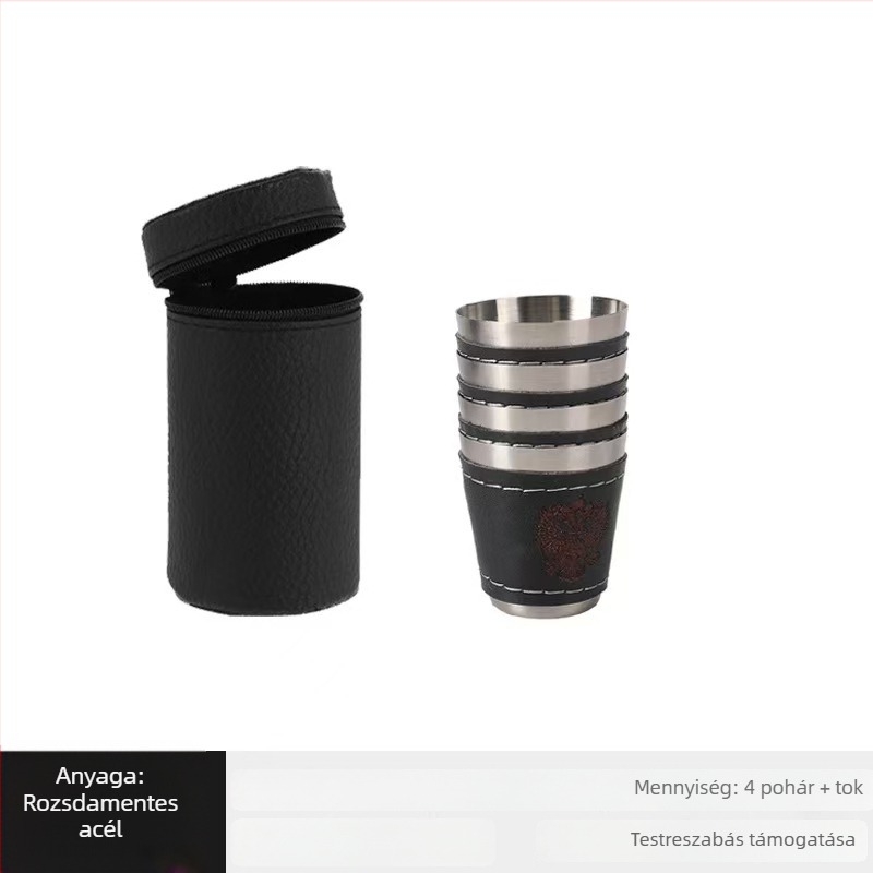 4 darabos rozsdamentes acél pohárkészlet zipzáros tasakkal, 30/70/170 ml kapacitással, szabadtéri kempingezéshez