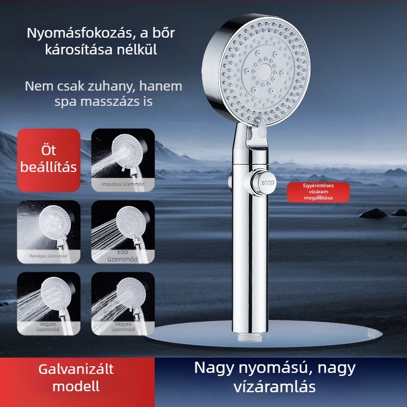Nyomásnövelő zuhanyfej készlet szűrővel, zuhanycsappal, fürdővízmelegítővel, zuhanycsővel és falikonzollal otthoni használatra