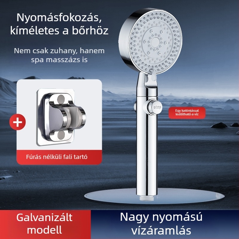 Nyomásnövelő zuhanyfej készlet szűrővel, zuhanycsappal, fürdővízmelegítővel, zuhanycsővel és falikonzollal otthoni használatra