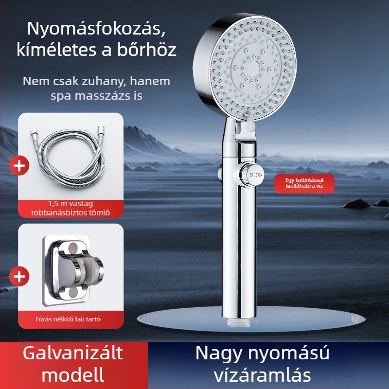 Nyomásnövelő zuhanyfej készlet szűrővel, zuhanycsappal, fürdővízmelegítővel, zuhanycsővel és falikonzollal otthoni használatra