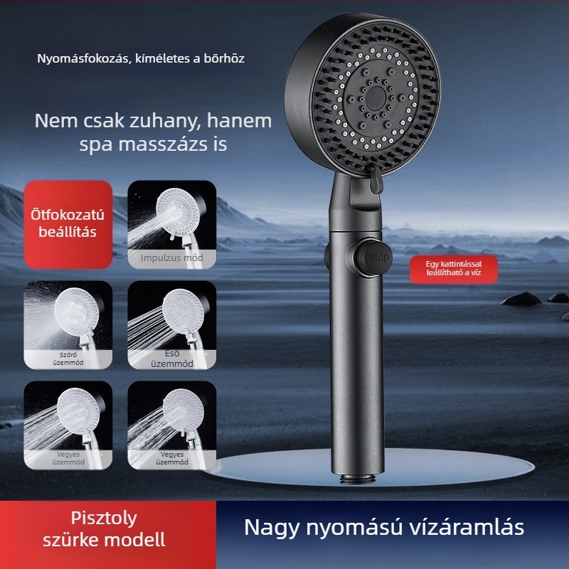 Nyomásnövelő zuhanyfej készlet szűrővel, zuhanycsappal, fürdővízmelegítővel, zuhanycsővel és falikonzollal otthoni használatra