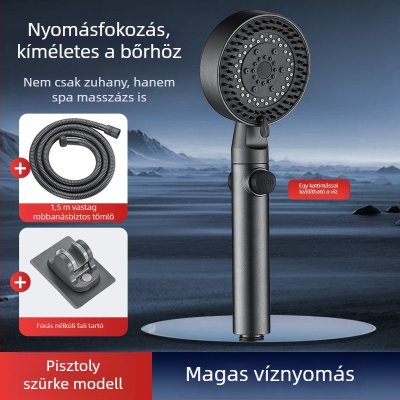 Nyomásnövelő zuhanyfej készlet szűrővel, zuhanycsappal, fürdővízmelegítővel, zuhanycsővel és falikonzollal otthoni használatra