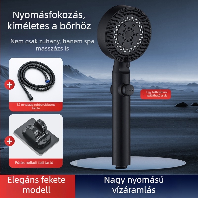 Nyomásnövelő zuhanyfej készlet szűrővel, zuhanycsappal, fürdővízmelegítővel, zuhanycsővel és falikonzollal otthoni használatra