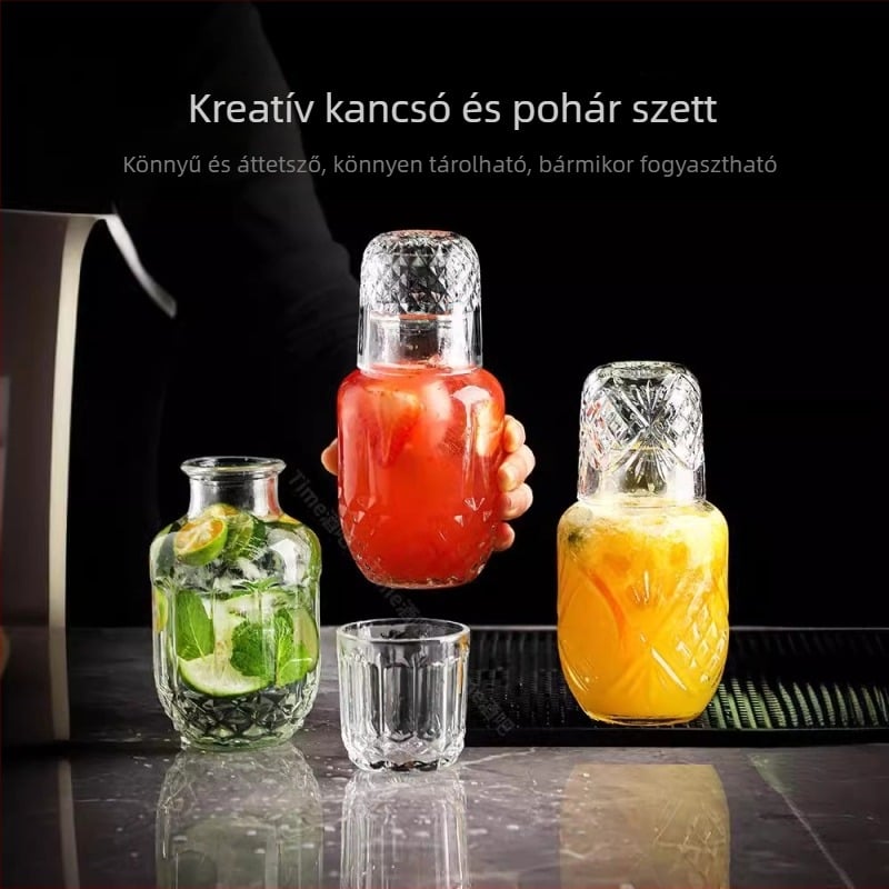 Kreatív koktélkészlet: üvegből készült kanna és pohár fedéllel, üveg a cold brewhez és karafa gyümölcsléhez