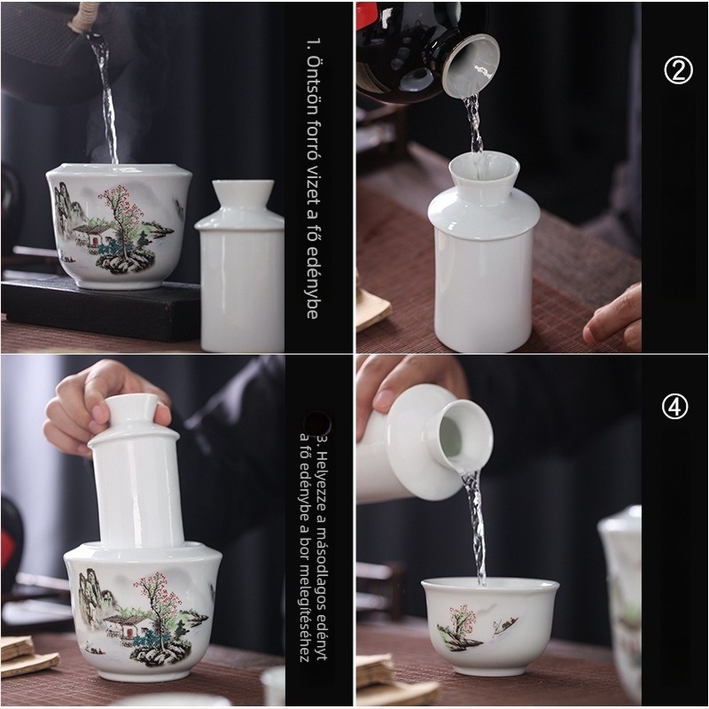 Porcelános melegítő készlet poharakkal alkoholtartalmú italokhoz