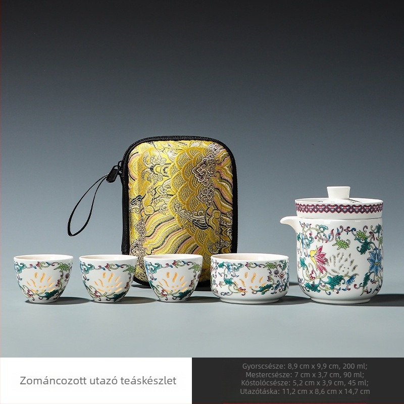 Emailezett fehér porcelán utazó teáskészlet, hordozható, egy teáskannával és három csészével, autóban és kültéren használható